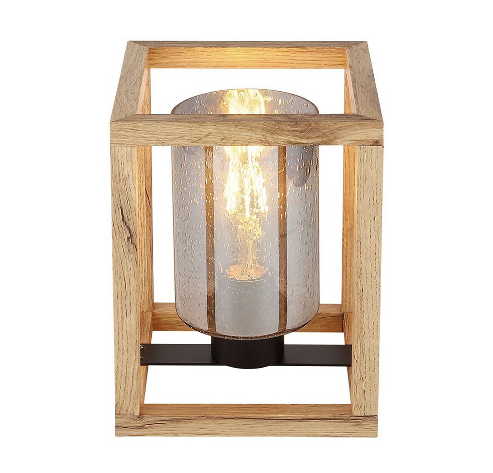 GLOBO LIGHTING Tischleuchte, Leuchtmittel nicht inklusive, Tischlampe Nachttischleuchte Holz Rauchglas Luftblasen schwarz E27 – Bild 2 von 5