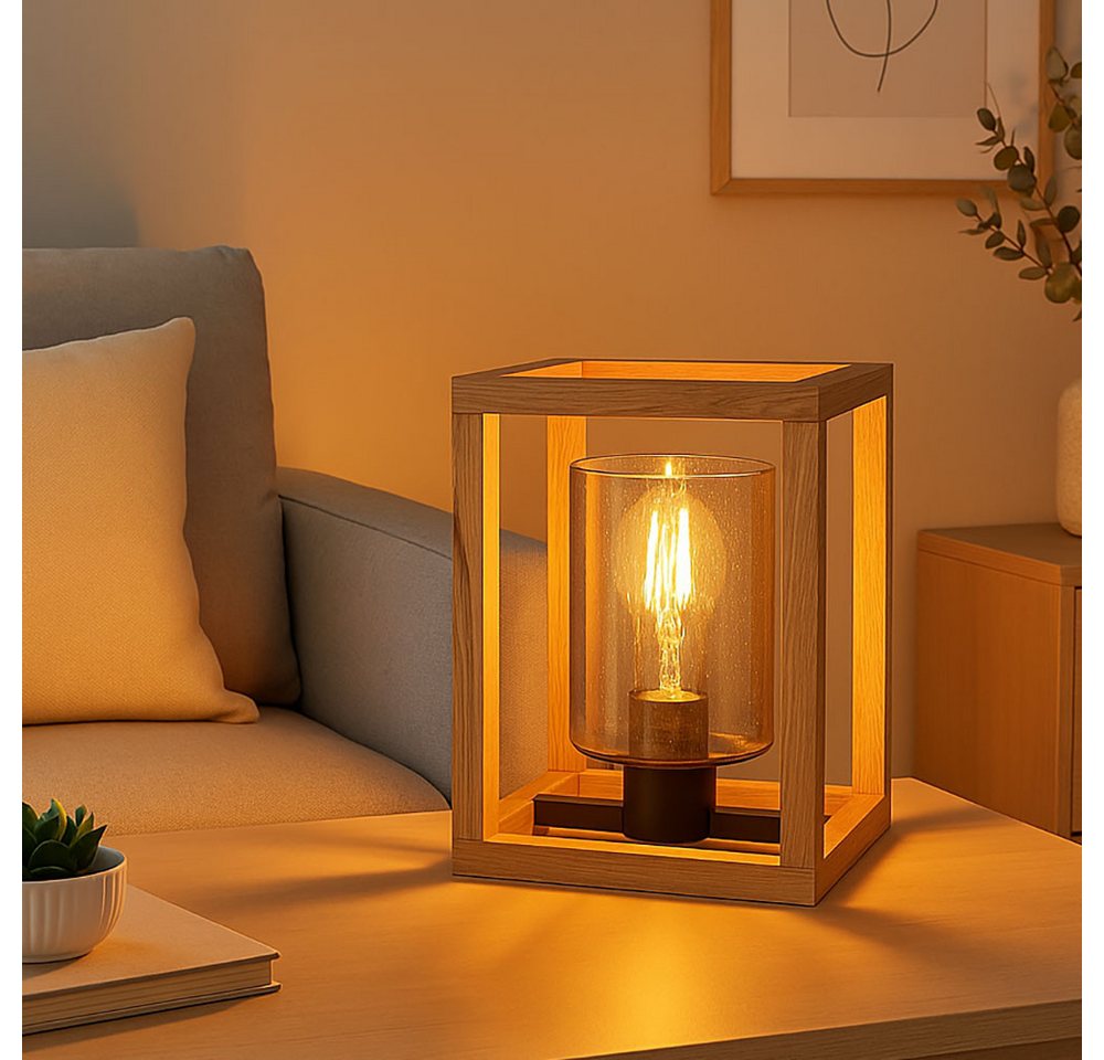 GLOBO LIGHTING Tischleuchte, Leuchtmittel nicht inklusive, Tischlampe Nachttischleuchte Holz Rauchglas Luftblasen schwarz E27 – Bild 3 von 5