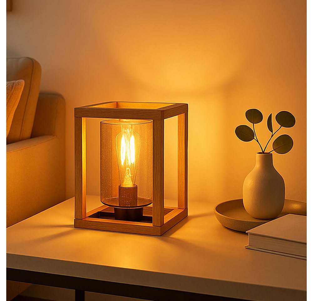 GLOBO LIGHTING Tischleuchte, Leuchtmittel nicht inklusive, Tischlampe Nachttischleuchte Holz Rauchglas Luftblasen schwarz E27 – Bild 4 von 5