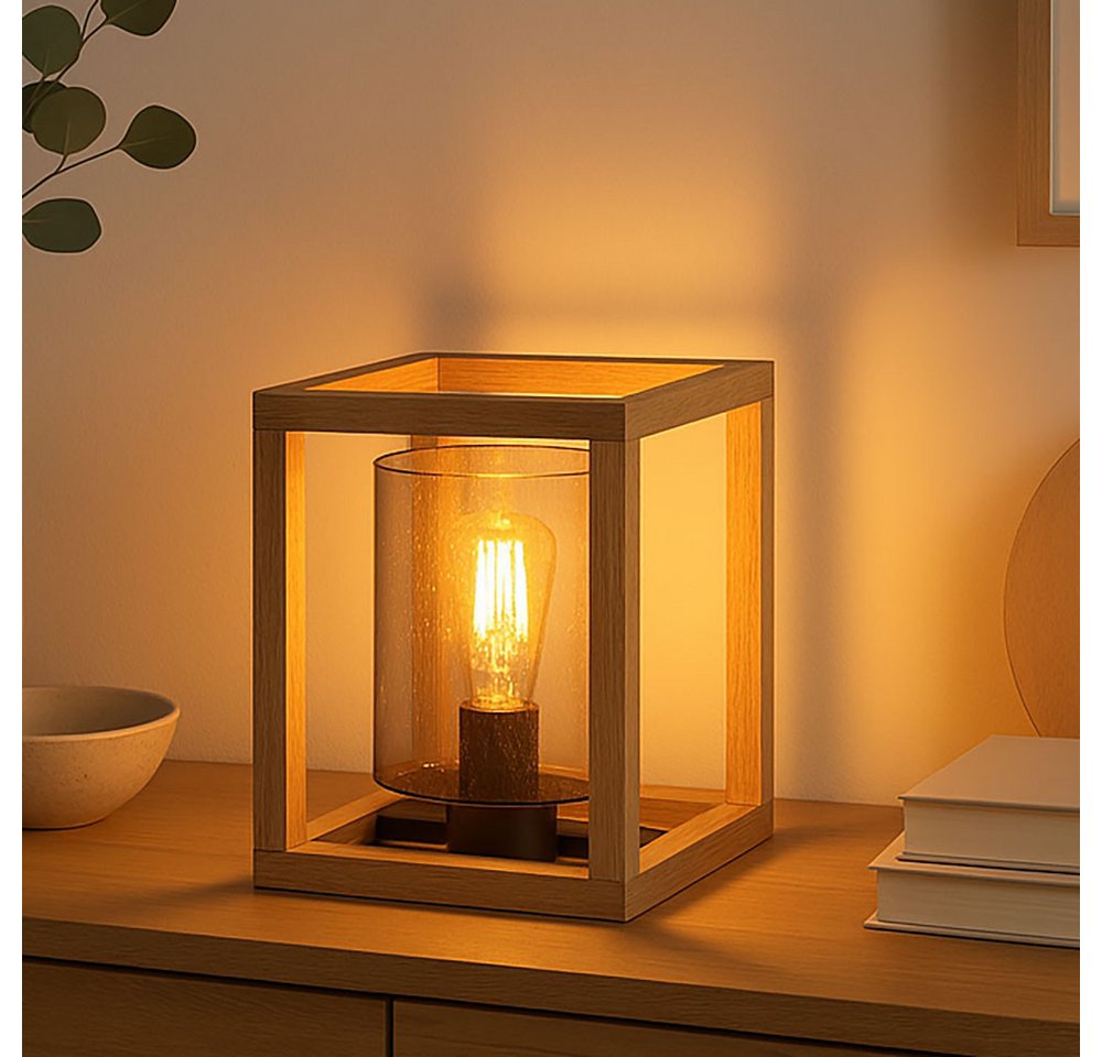 GLOBO LIGHTING Tischleuchte, Leuchtmittel nicht inklusive, Tischlampe Nachttischleuchte Holz Rauchglas Luftblasen schwarz E27 – Bild 5 von 5