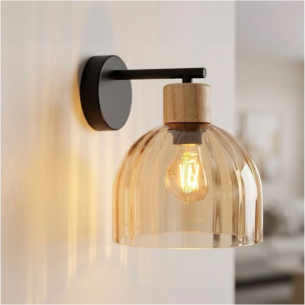 GLOBO LIGHTING Wandleuchte, Leuchtmittel nicht inklusive, Wandleuchte Wandlampe Metall schwarz matt Glas amber Holz E27 H 24 cm