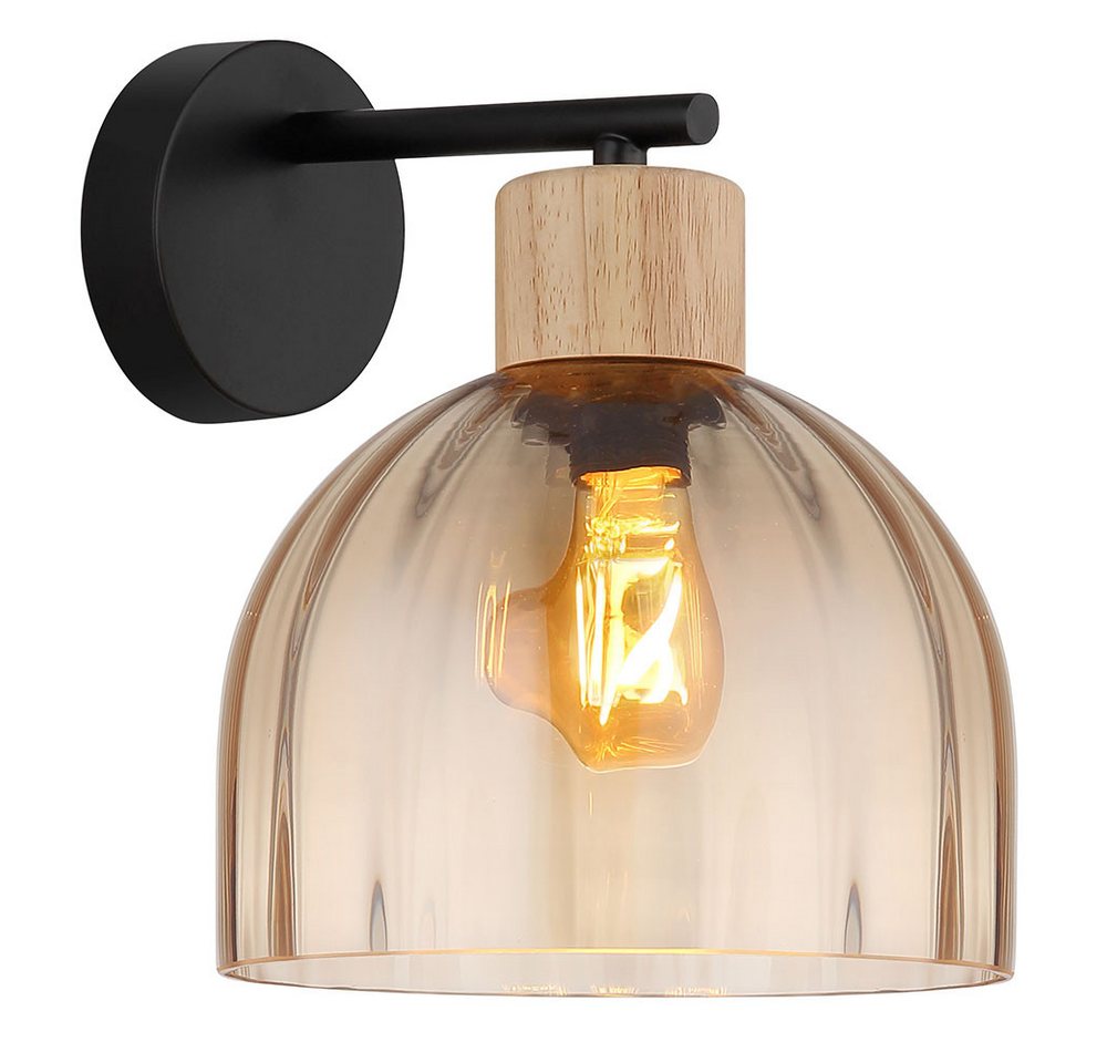 GLOBO LIGHTING Wandleuchte, Leuchtmittel nicht inklusive, Wandleuchte Wandlampe Metall schwarz matt Glas amber Holz E27 H 24 cm – Bild 2 von 5
