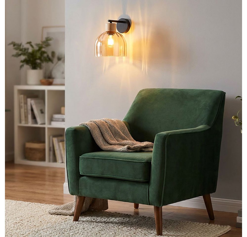 GLOBO LIGHTING Wandleuchte, Leuchtmittel nicht inklusive, Wandleuchte Wandlampe Metall schwarz matt Glas amber Holz E27 H 24 cm – Bild 3 von 5