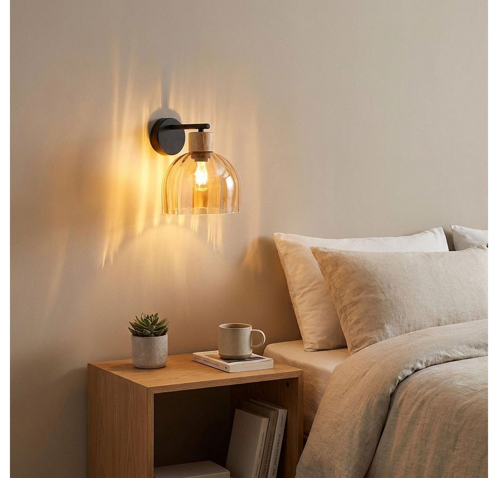 GLOBO LIGHTING Wandleuchte, Leuchtmittel nicht inklusive, Wandleuchte Wandlampe Metall schwarz matt Glas amber Holz E27 H 24 cm – Bild 4 von 5