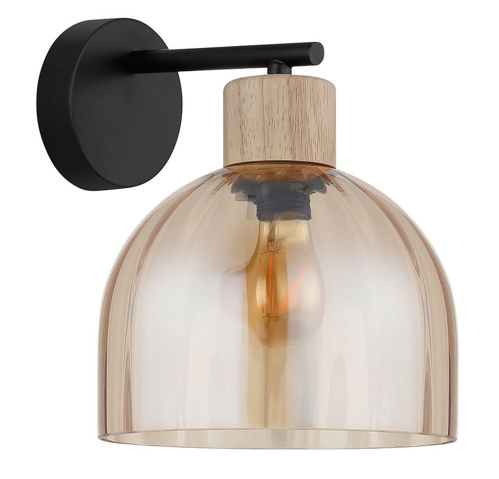 GLOBO LIGHTING Wandleuchte, Leuchtmittel nicht inklusive, Wandleuchte Wandlampe Metall schwarz matt Glas amber Holz E27 H 24 cm – Bild 5 von 5