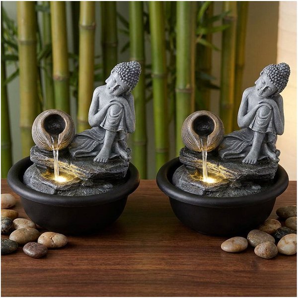 GLOBO LIGHTING Zimmerbrunnen, 2x Buddha Zimmerbrunnen Wasserfall Springbrunnen Deko LED H 19 cm
