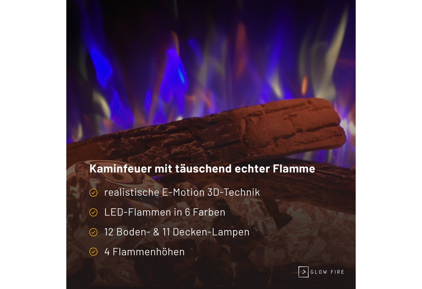 GLOW FIRE Elektrokamin PR14 E-Motion 3D, Elektrischer Kamin mit 3D Feuer mit Heizung, täuschend echte Flamme mit Heizung, 3 Dekorationen – Bild 3 von 5