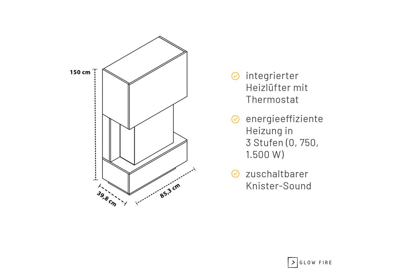 GLOW FIRE Elektrokamin PR14 E-Motion 3D, Elektrischer Kamin mit 3D Feuer mit Heizung, täuschend echte Flamme mit Heizung, 3 Dekorationen – Bild 4 von 5