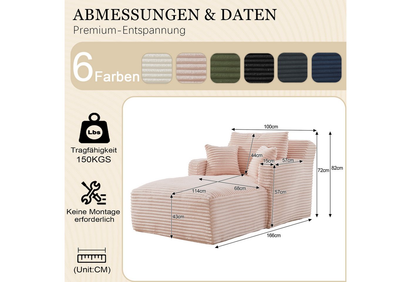 GLP Chaiselongue Bodensofa mit Schlaffunktion, Cord Chaiselongue Relaxsessel Schlafsofa ohne Montage – Bild 3 von 5
