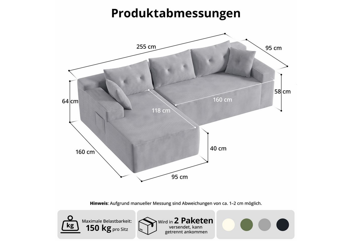 GLP Ecksofa L-Form 3-Sitzer Cord Sofa mit Taschenfederkern 255 cm, Links/Rechts, Set, Modulares Couch ohne Montage mit großer Chaiselongue – Bild 3 von 5