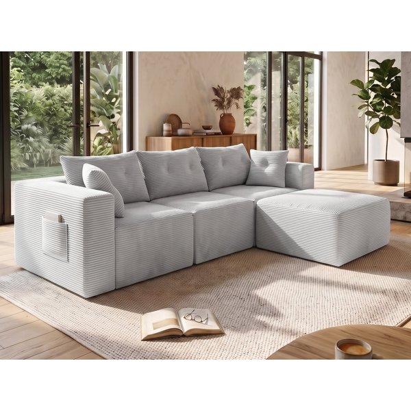 GLP Ecksofa Modulares Ecksofa 254 cm aus Cord, kompakte L-Form mit Hocker, 4 Module frei kombinierbar, 70 cm Sitztiefe, 254 cm breit, gepolstert, vakuumiert, fü