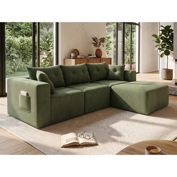 GLP Ecksofa Modulares Ecksofa 254 cm aus Cord, kompakte L-Form mit Hocker, 4 Module frei kombinierbar, 70 cm Sitztiefe, 254 cm breit, gepolstert, vakuumiert, fü