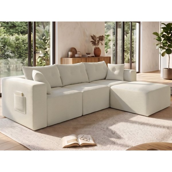 GLP Ecksofa Modulares Ecksofa 254 cm aus Cord, kompakte L-Form mit Hocker, 4 Module frei kombinierbar, 70 cm Sitztiefe, 254 cm breit, gepolstert, vakuumiert, fü