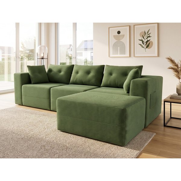 GLP Ecksofa Modulares Sofa aus Cord 254 cm breit, keine Montage erforderlich, 4 flexibel kombinierbare Module, Taschenfederkern, 3-Sitzer mit Ottomane und 5 Kis