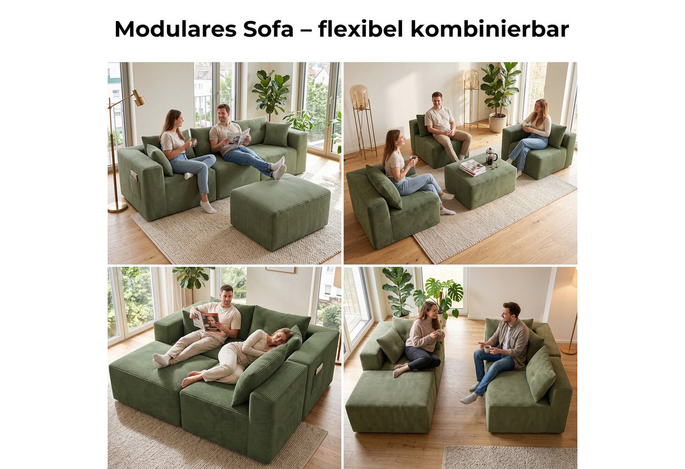 GLP Ecksofa Modulares Sofa aus Cord 254 cm breit, keine Montage erforderlich, 4 flexibel kombinierbare Module, Taschenfederkern, 3-Sitzer mit Ottomane und 5 Kis – Bild 4 von 5