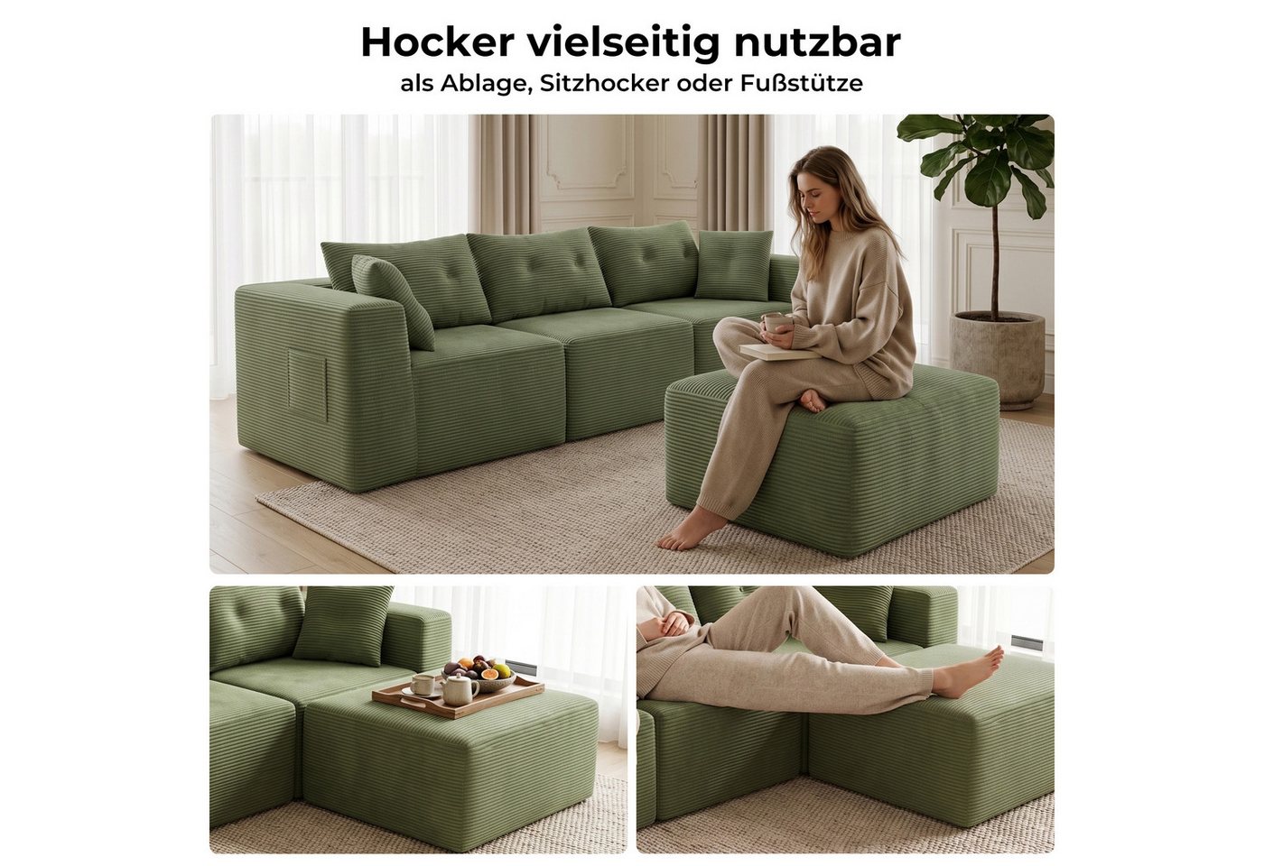 GLP Ecksofa Modulares Sofa aus Cord 254 cm breit, keine Montage erforderlich, 4 flexibel kombinierbare Module, Taschenfederkern, 3-Sitzer mit Ottomane und 5 Kis – Bild 5 von 5