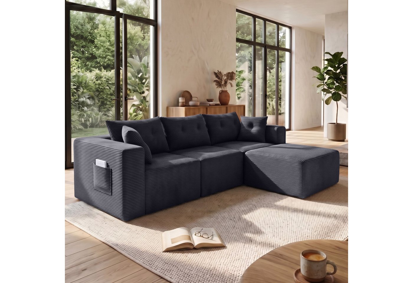 GLP Ecksofa Modulares Sofa aus Cord 254 cm breit, keine Montage erforderlich, 4 flexibel kombinierbare Module, Taschenfederkern, 3-Sitzer mit Ottomane und 5 Kis – Bild 2 von 5