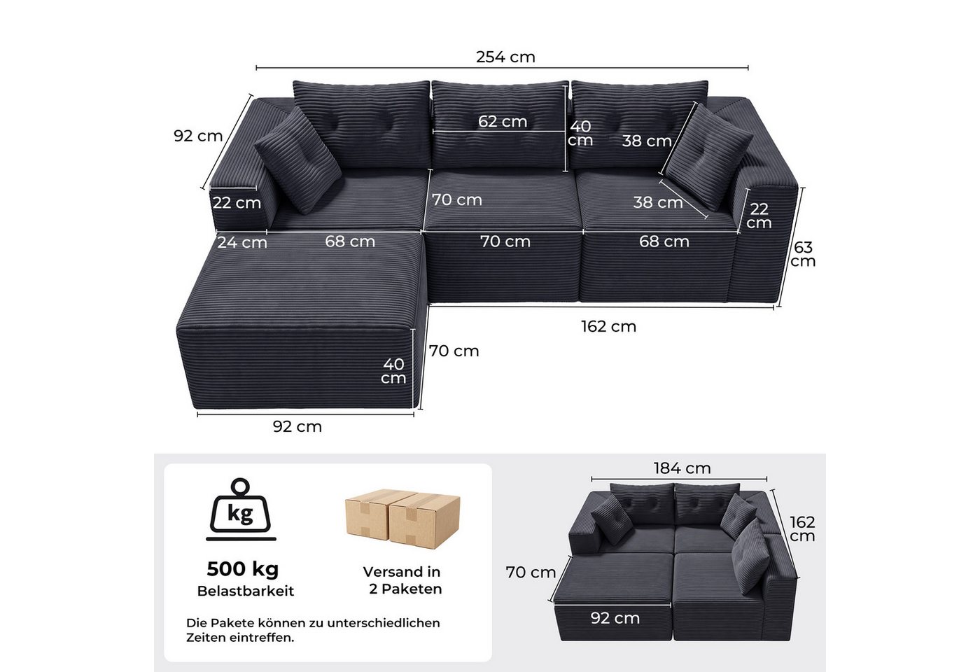 GLP Ecksofa Modulares Sofa aus Cord 254 cm breit, keine Montage erforderlich, 4 flexibel kombinierbare Module, Taschenfederkern, 3-Sitzer mit Ottomane und 5 Kis – Bild 3 von 5
