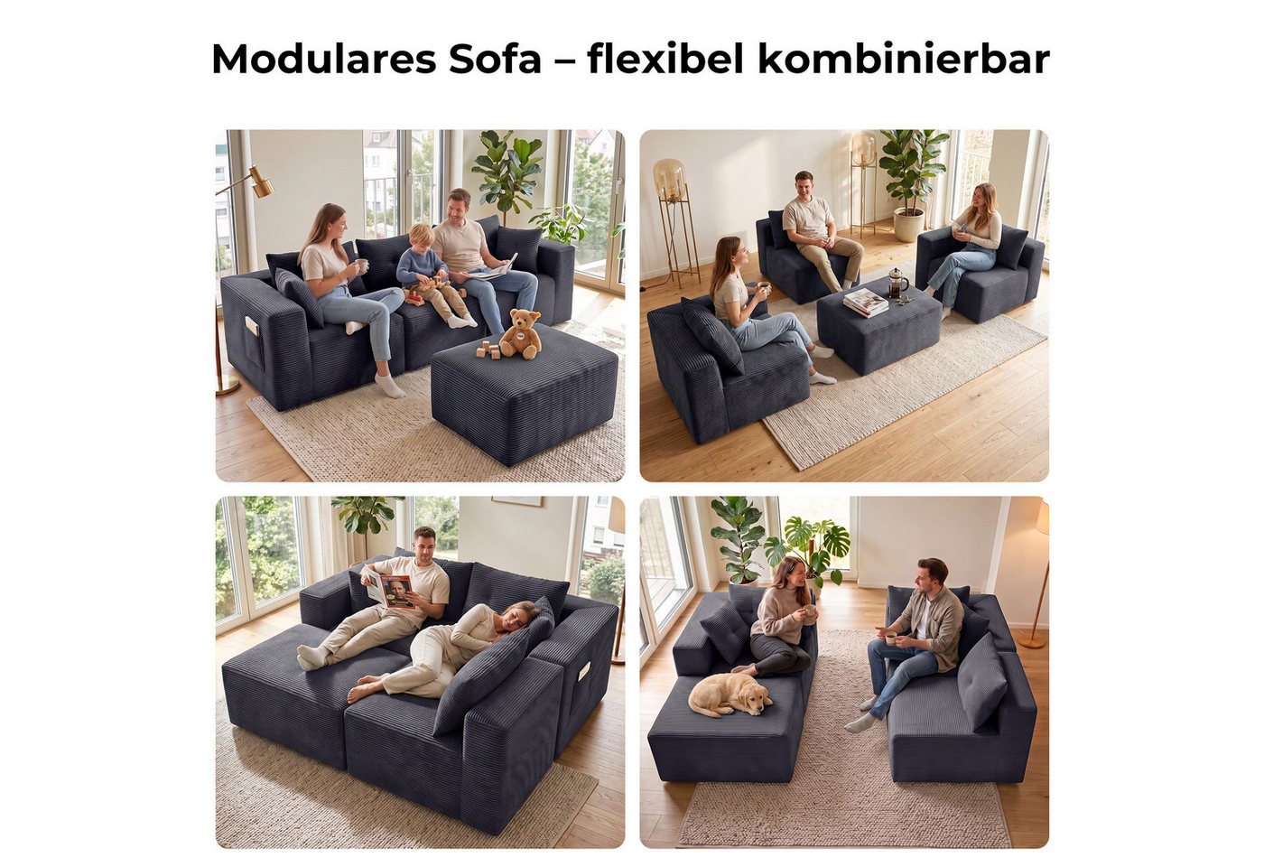 GLP Ecksofa Modulares Sofa aus Cord 254 cm breit, keine Montage erforderlich, 4 flexibel kombinierbare Module, Taschenfederkern, 3-Sitzer mit Ottomane und 5 Kis – Bild 4 von 5