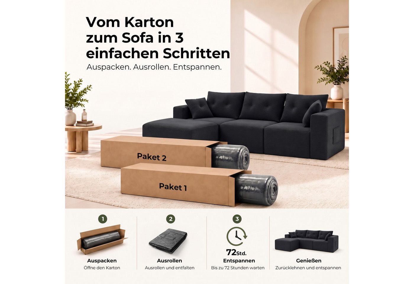 GLP Ecksofa Modulares Sofa aus Cord 254 cm breit, keine Montage erforderlich, 4 flexibel kombinierbare Module, Taschenfederkern, 3-Sitzer mit Ottomane und 5 Kis – Bild 5 von 5
