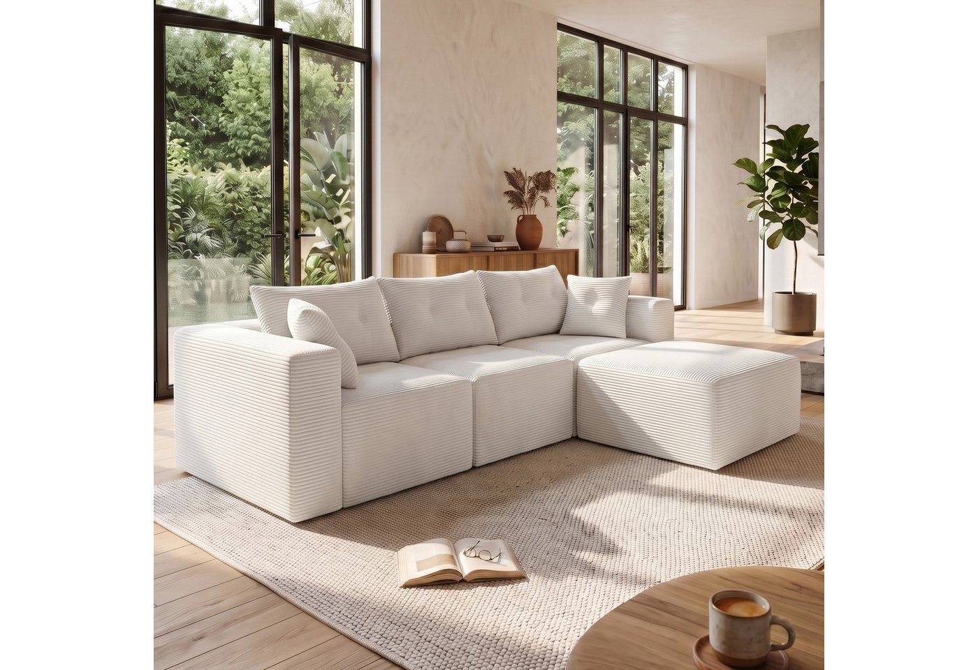 GLP Ecksofa Modulares Sofa aus Cord 254 cm breit, keine Montage erforderlich, 4 flexibel kombinierbare Module, Taschenfederkern, 3-Sitzer mit Ottomane und 5 Kis – Bild 2 von 5