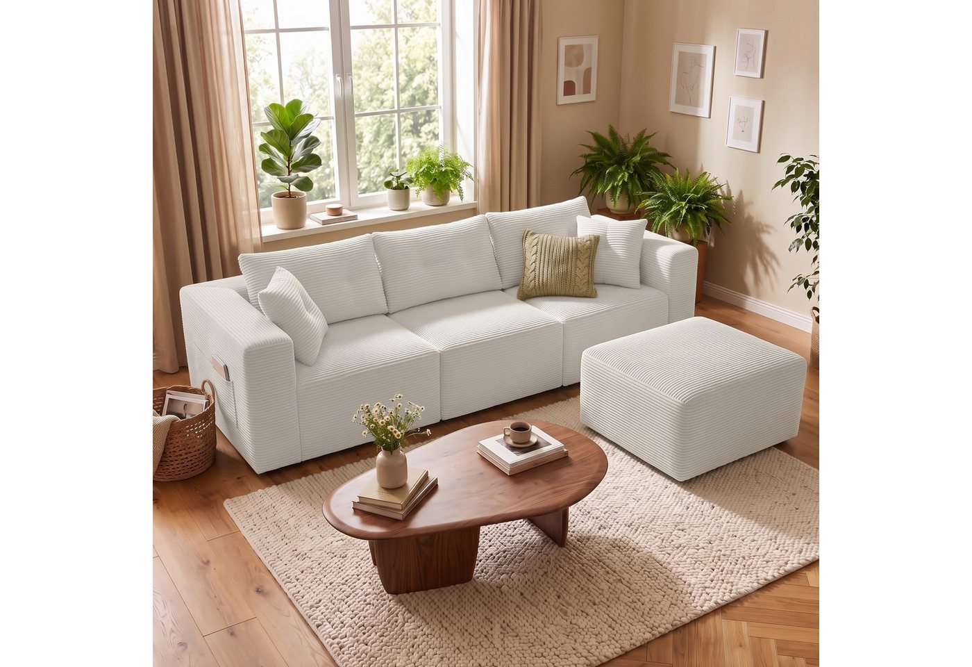 GLP Ecksofa Modulares Sofa aus Cord 254 cm breit, keine Montage erforderlich, 4 flexibel kombinierbare Module, Taschenfederkern, 3-Sitzer mit Ottomane und 5 Kis – Bild 3 von 5