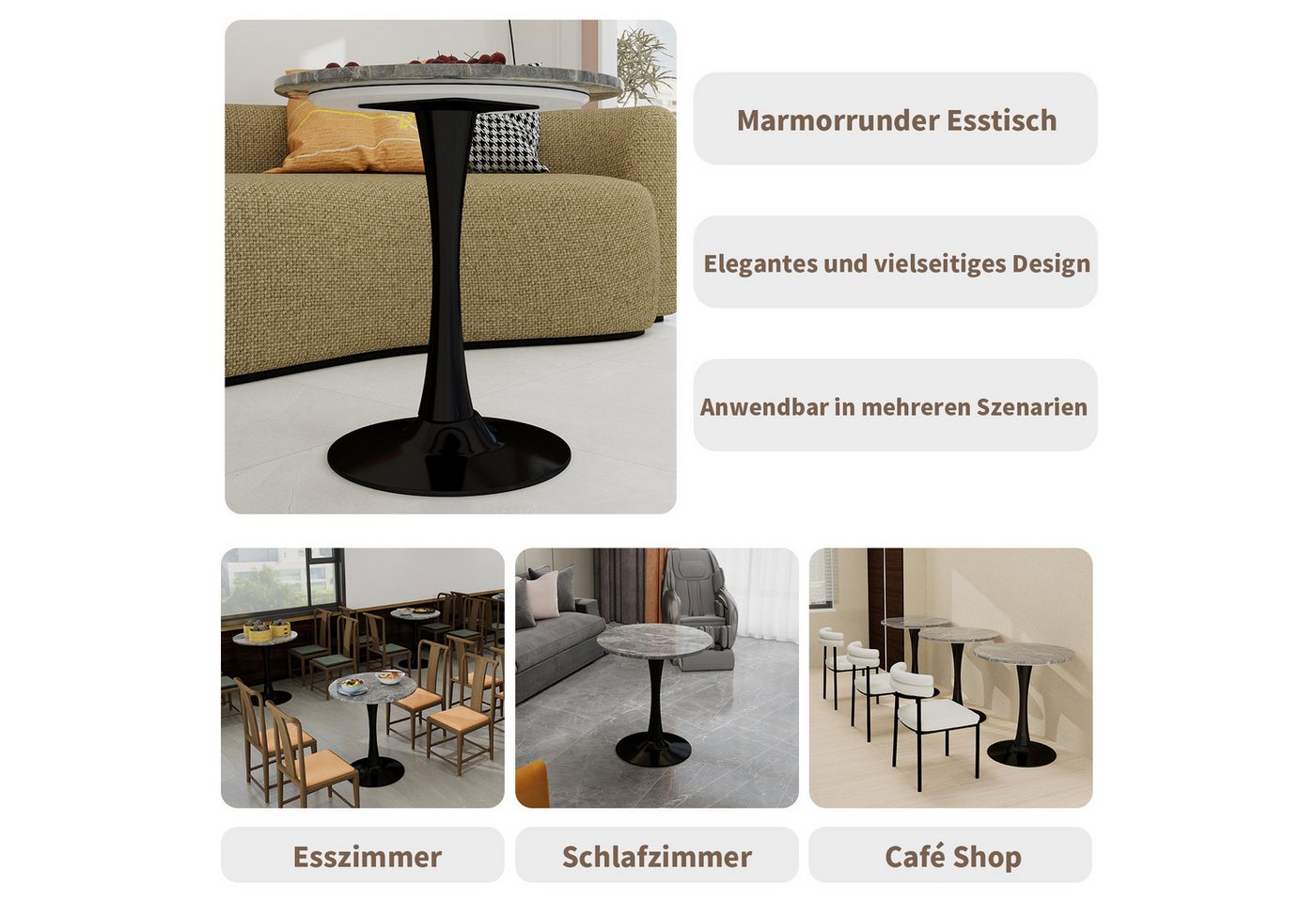 GLP Esstisch Runder Esstisch mit Sinterstein Tischplatte in Marmoroptik, 70 cm Ø (Gestell aus Metall, kratzfest und hitzebeständig), für kleine Räume und Apartm – Bild 5 von 5