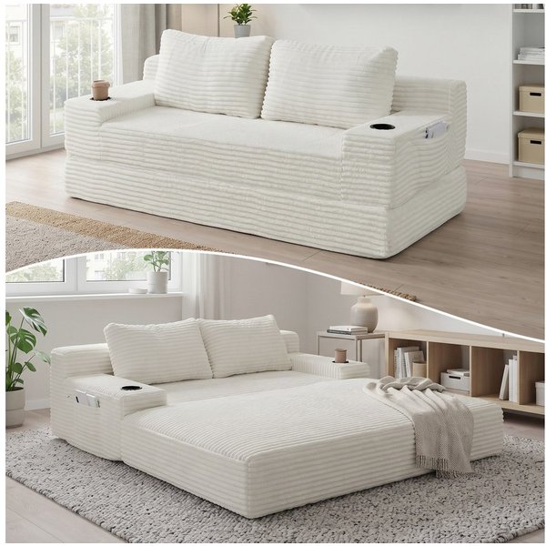 GLP Schlafsofa 2-Sitzer in Cord-Stoff, mit Bettfunktion und Getränkehaltern, Liegefläche 180x170 cm, 180x85x62 cm