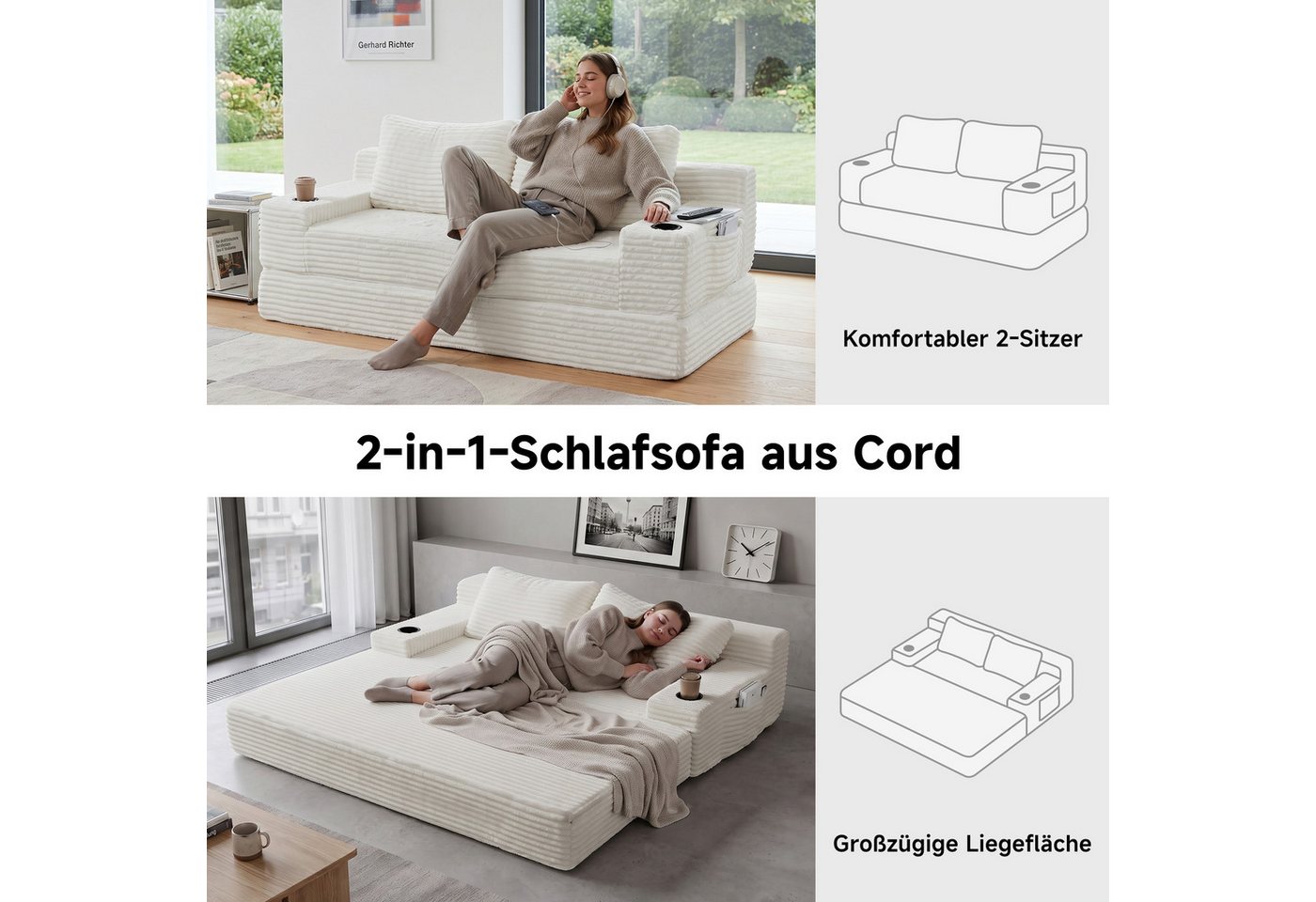 GLP Schlafsofa 2-Sitzer in Cord-Stoff, mit Bettfunktion und Getränkehaltern, Liegefläche 180x170 cm, 180x85x62 cm – Bild 4 von 5