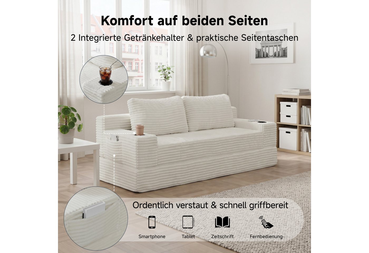 GLP Schlafsofa 2-Sitzer in Cord-Stoff, mit Bettfunktion und Getränkehaltern, Liegefläche 180x170 cm, 180x85x62 cm – Bild 5 von 5