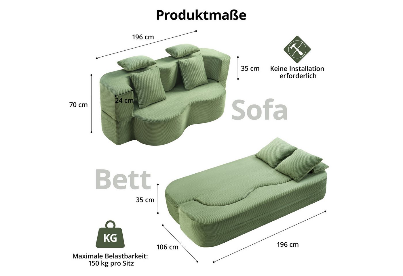 GLP Schlafsofa 2-Sitzer Klappsofa mit Schlaffunktion inkl. 4 Kissen, Set, Bodensofa & Gästebett ohne Montage für kleine Räume – Bild 3 von 5