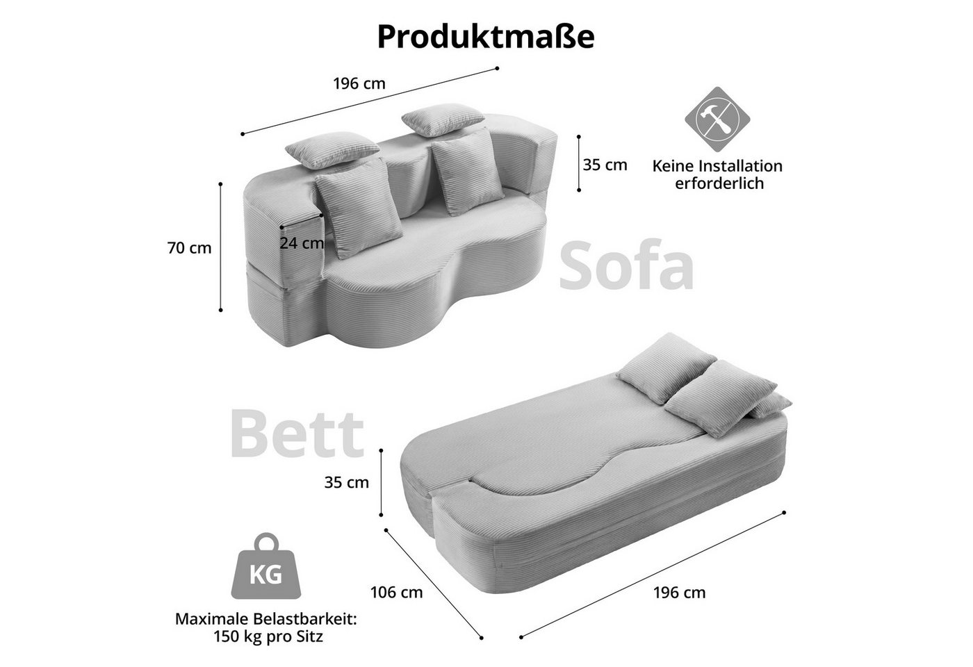 GLP Schlafsofa 2-Sitzer Klappsofa mit Schlaffunktion inkl. 4 Kissen, Set, Bodensofa & Gästebett ohne Montage für kleine Räume – Bild 3 von 5