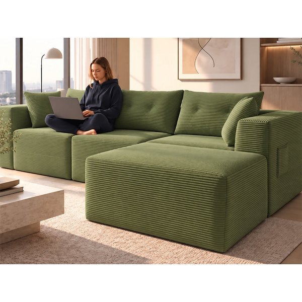 GLP Sofa Ecksofa aus Cord mit Taschenfederkern, 254 cm, 70 cm Sitztiefe, 3-Sitzer mit Hocker und 5 Kissen, 4 flexibel kombinierbare Module, kein Aufbau erforder