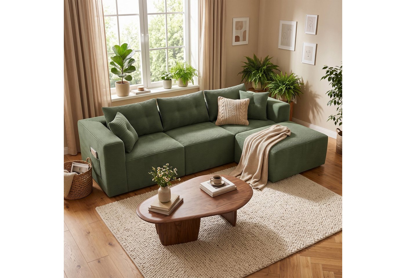GLP Sofa Ecksofa aus Cord mit Taschenfederkern, 254 cm, 70 cm Sitztiefe, 3-Sitzer mit Hocker und 5 Kissen, 4 flexibel kombinierbare Module, kein Aufbau erforder – Bild 2 von 5