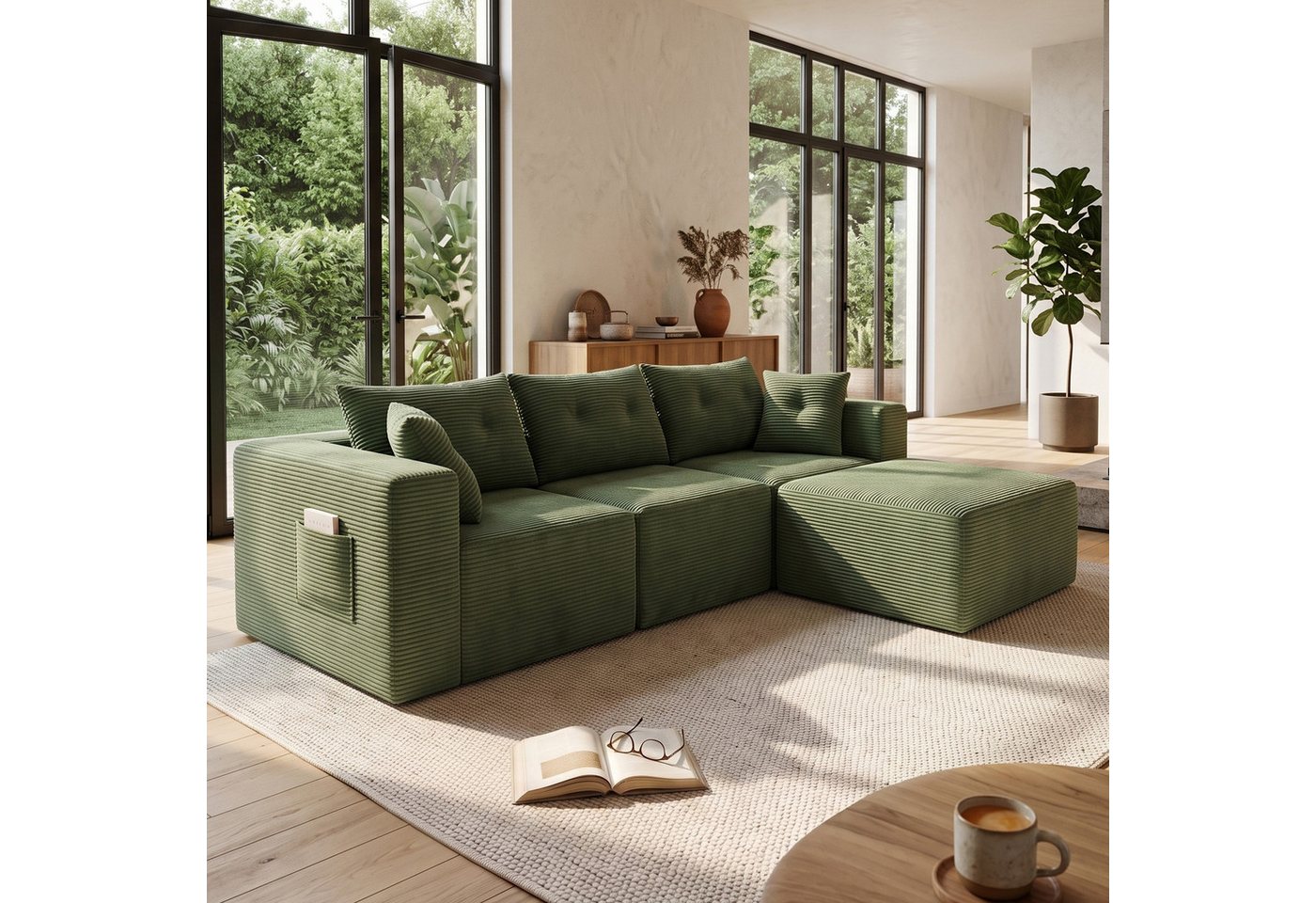 GLP Sofa Ecksofa aus Cord mit Taschenfederkern, 254 cm, 70 cm Sitztiefe, 3-Sitzer mit Hocker und 5 Kissen, 4 flexibel kombinierbare Module, kein Aufbau erforder – Bild 3 von 5