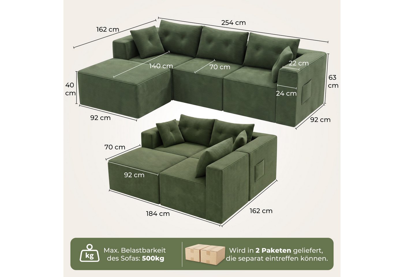 GLP Sofa Ecksofa aus Cord mit Taschenfederkern, 254 cm, 70 cm Sitztiefe, 3-Sitzer mit Hocker und 5 Kissen, 4 flexibel kombinierbare Module, kein Aufbau erforder – Bild 4 von 5