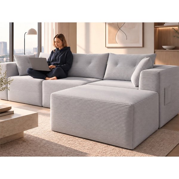 GLP Sofa Ecksofa aus Cord mit Taschenfederkern, 254 cm, 70 cm Sitztiefe, 3-Sitzer mit Hocker und 5 Kissen, 4 flexibel kombinierbare Module, kein Aufbau erforder