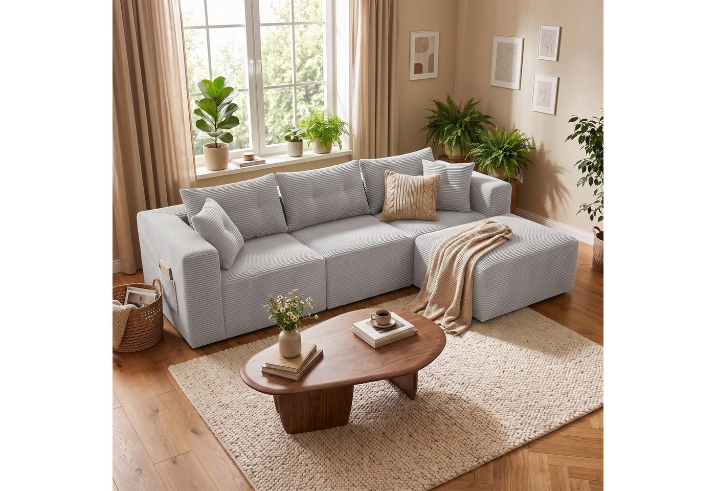 GLP Sofa Ecksofa aus Cord mit Taschenfederkern, 254 cm, 70 cm Sitztiefe, 3-Sitzer mit Hocker und 5 Kissen, 4 flexibel kombinierbare Module, kein Aufbau erforder – Bild 2 von 5