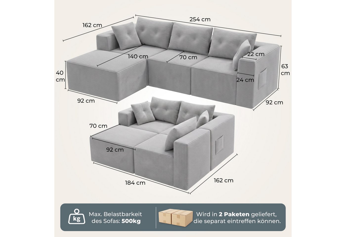 GLP Sofa Ecksofa aus Cord mit Taschenfederkern, 254 cm, 70 cm Sitztiefe, 3-Sitzer mit Hocker und 5 Kissen, 4 flexibel kombinierbare Module, kein Aufbau erforder – Bild 3 von 5