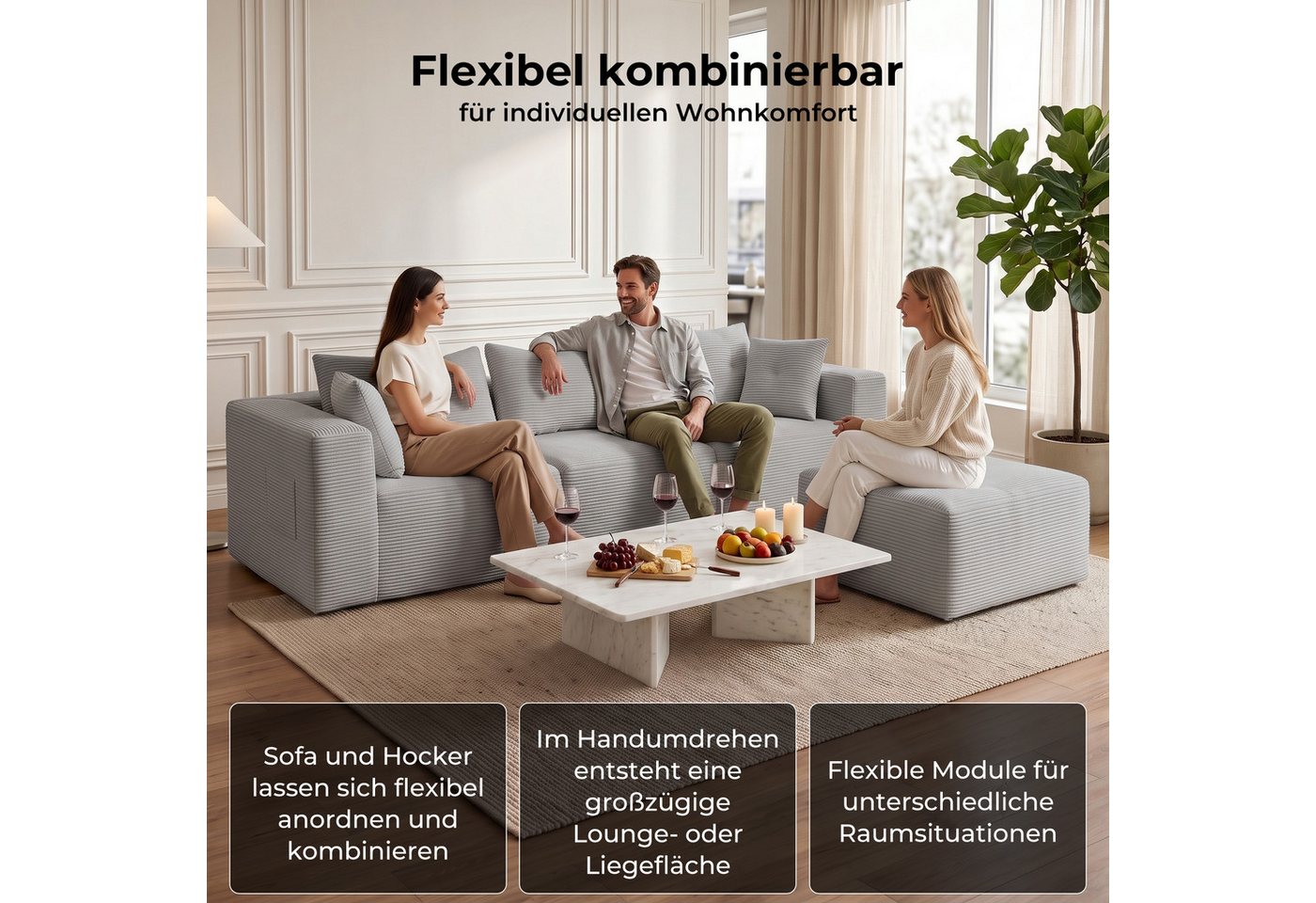 GLP Sofa Ecksofa aus Cord mit Taschenfederkern, 254 cm, 70 cm Sitztiefe, 3-Sitzer mit Hocker und 5 Kissen, 4 flexibel kombinierbare Module, kein Aufbau erforder – Bild 4 von 5