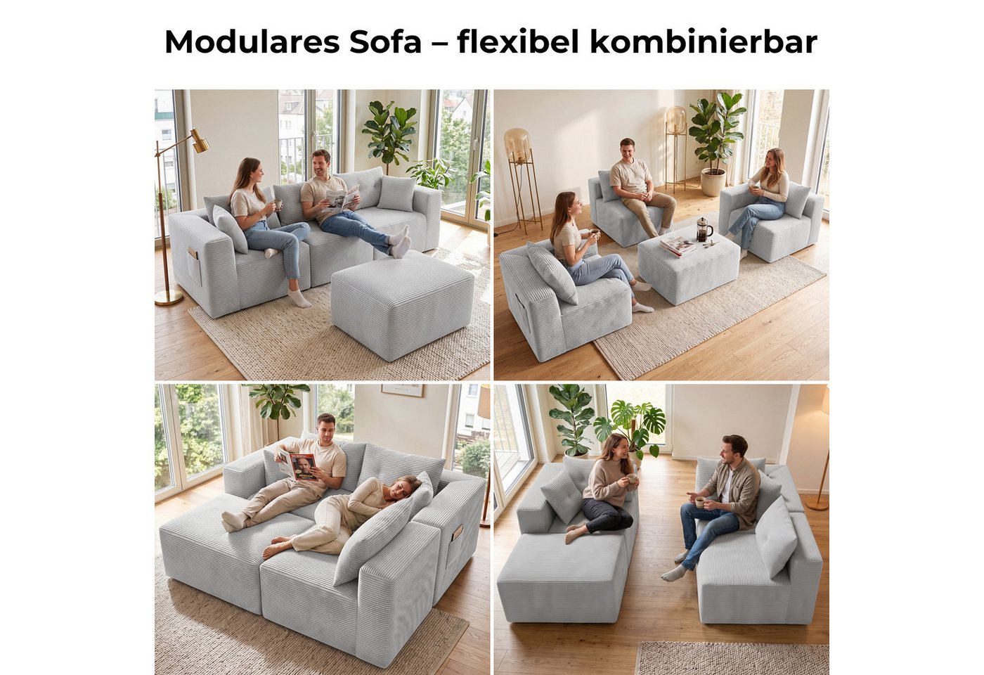 GLP Sofa Ecksofa aus Cord mit Taschenfederkern, 254 cm, 70 cm Sitztiefe, 3-Sitzer mit Hocker und 5 Kissen, 4 flexibel kombinierbare Module, kein Aufbau erforder – Bild 5 von 5
