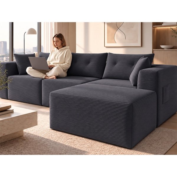 GLP Sofa Ecksofa aus Cord mit Taschenfederkern, 254 cm, 70 cm Sitztiefe, 3-Sitzer mit Hocker und 5 Kissen, 4 flexibel kombinierbare Module, kein Aufbau erforder