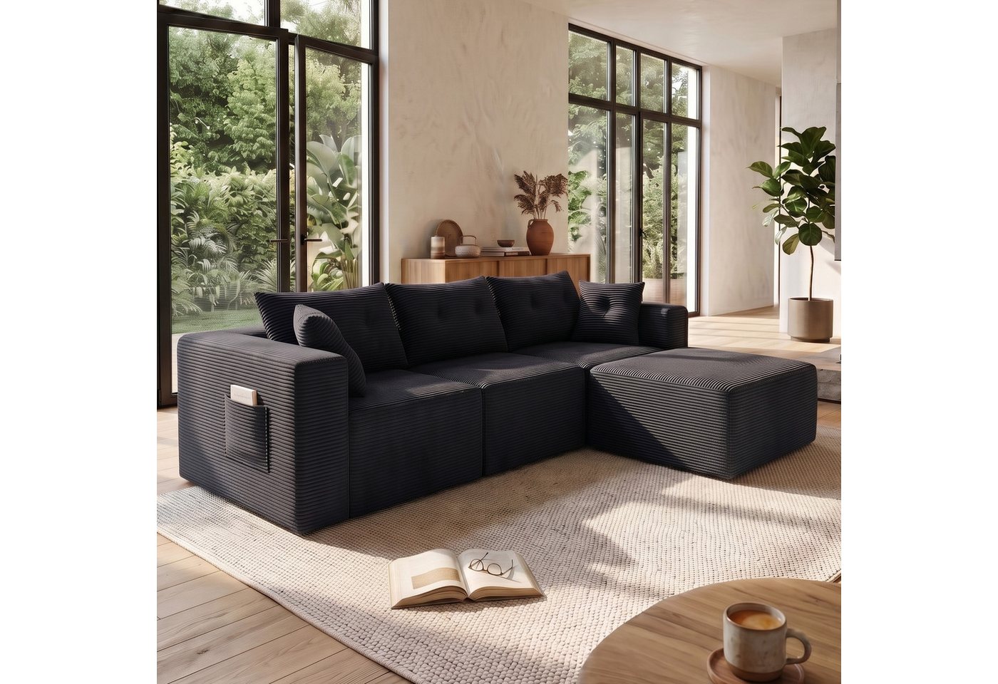 GLP Sofa Ecksofa aus Cord mit Taschenfederkern, 254 cm, 70 cm Sitztiefe, 3-Sitzer mit Hocker und 5 Kissen, 4 flexibel kombinierbare Module, kein Aufbau erforder – Bild 2 von 5