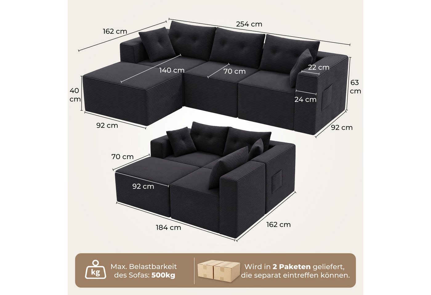 GLP Sofa Ecksofa aus Cord mit Taschenfederkern, 254 cm, 70 cm Sitztiefe, 3-Sitzer mit Hocker und 5 Kissen, 4 flexibel kombinierbare Module, kein Aufbau erforder – Bild 3 von 5