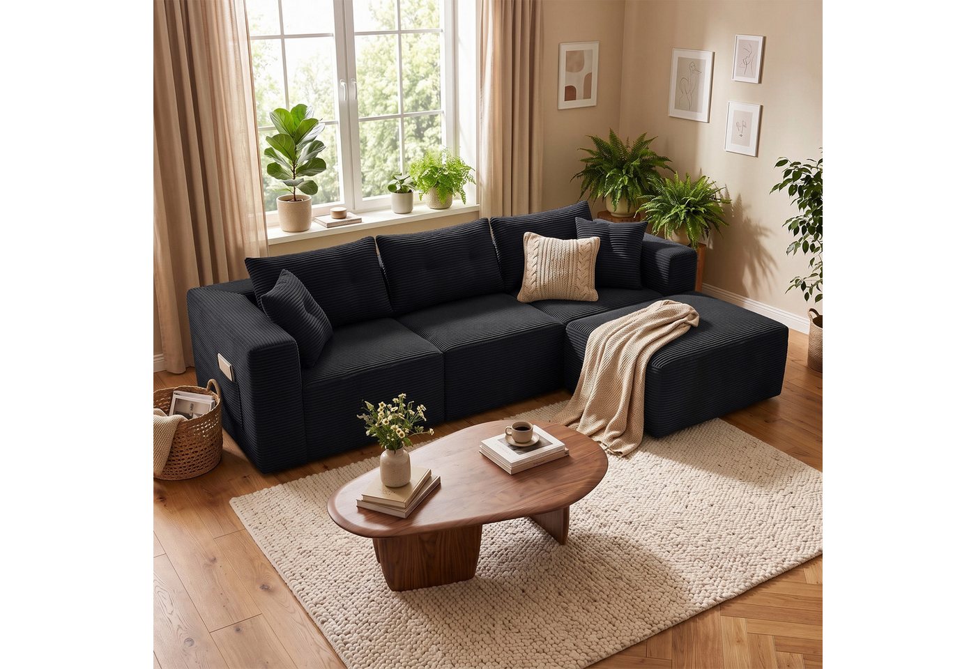 GLP Sofa Ecksofa aus Cord mit Taschenfederkern, 254 cm, 70 cm Sitztiefe, 3-Sitzer mit Hocker und 5 Kissen, 4 flexibel kombinierbare Module, kein Aufbau erforder – Bild 4 von 5