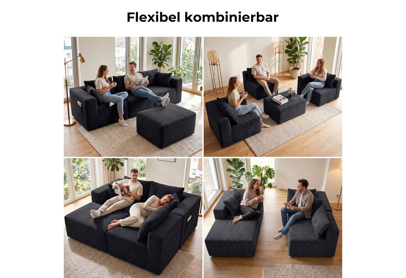 GLP Sofa Ecksofa aus Cord mit Taschenfederkern, 254 cm, 70 cm Sitztiefe, 3-Sitzer mit Hocker und 5 Kissen, 4 flexibel kombinierbare Module, kein Aufbau erforder – Bild 5 von 5