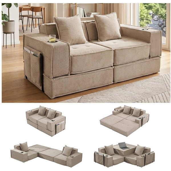 GLP Sofa Modulares Bodensofa 2-Sitzer, Set 5, faltbares Cord-Schlafsofa mit Liegefläche 162x156 cm