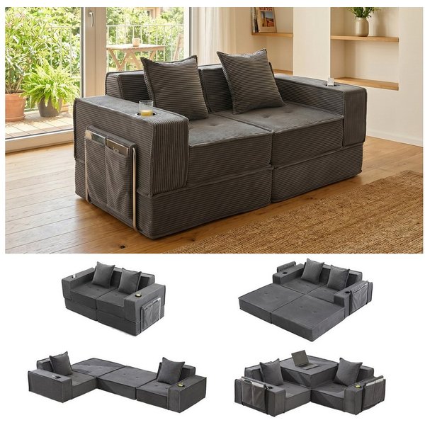 GLP Sofa Modulares Bodensofa 2-Sitzer, Set 5, faltbares Cord-Schlafsofa mit Liegefläche 162x156 cm