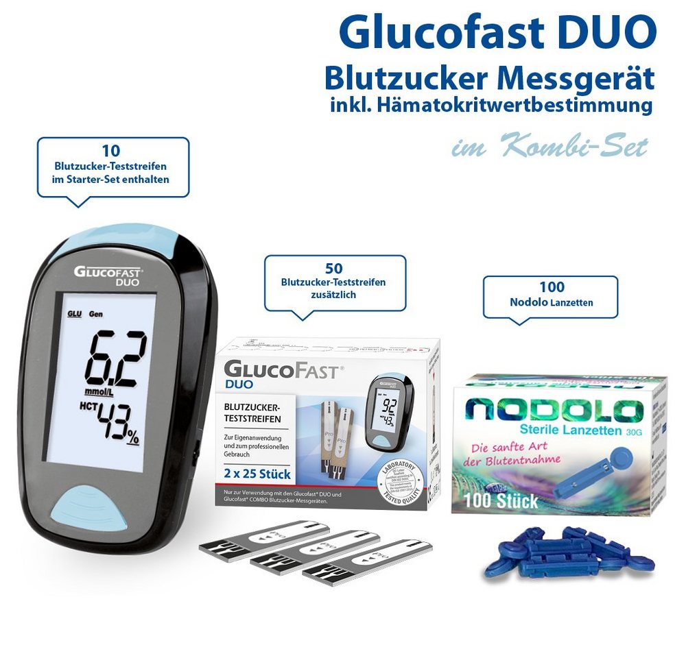 GLUCOFAST Blutzuckermessgerät DUO in MG, Blutzuckermessgerät komplettset, Ink. 60 Blutzucker Teststreifen, 110 Lanzetten und 1 Lanzettiergerät – Bild 2 von 3