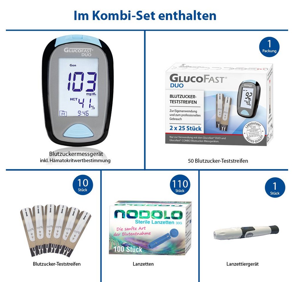GLUCOFAST Blutzuckermessgerät DUO in MG, Blutzuckermessgerät komplettset, Ink. 60 Blutzucker Teststreifen, 110 Lanzetten und 1 Lanzettiergerät – Bild 3 von 3